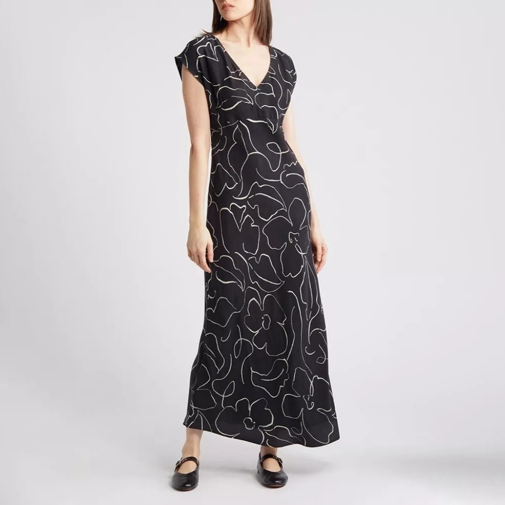 Madewell Midi Dress Womens 0 Black‎ Minimalist Floral Print V Neck Cupro Blend